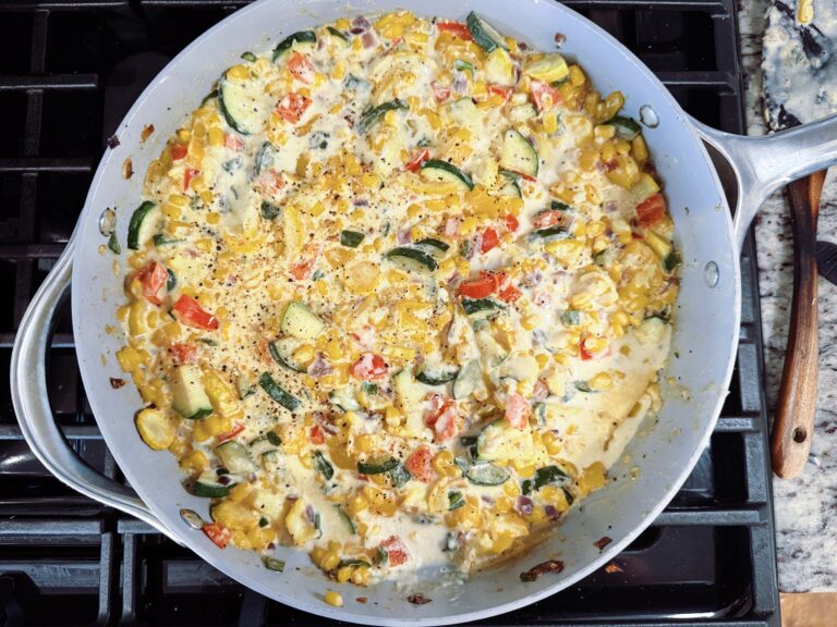 Creamy Corn with Poblano Peppers and Summer Veggies